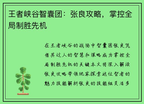 王者峡谷智囊团：张良攻略，掌控全局制胜先机